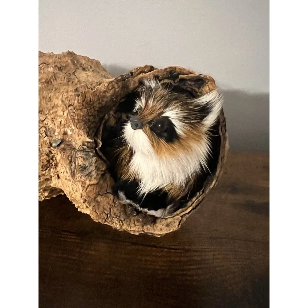Faux Fur Woodland Critters in Cork Bark Log Display Rustic Cabin Decor 10